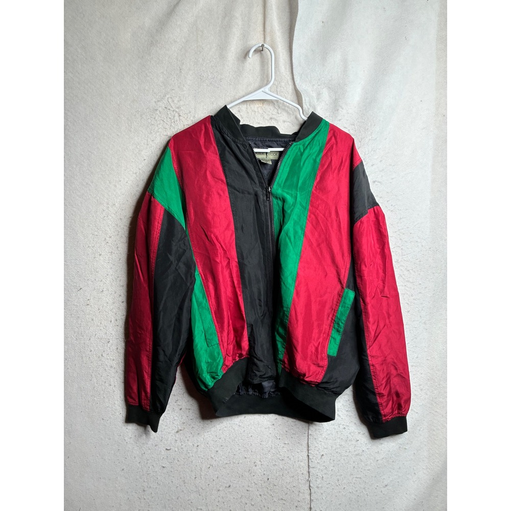 Robert Stock Mens Silk Bomber Jacket Large Red Green Black Colorblock Vintage